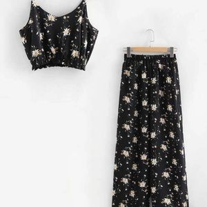 Black floral crop top and wide leg pants set